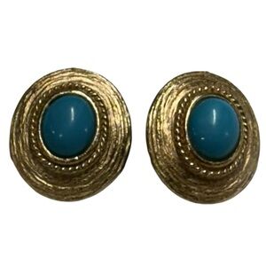 Vintage Gold Turquoise Cabochon Clip-On Earrings Textured Retro Mod 60s